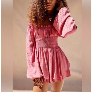 Urban Outfitters Clip Dot Smocked Long Sleeve Romper SZ M